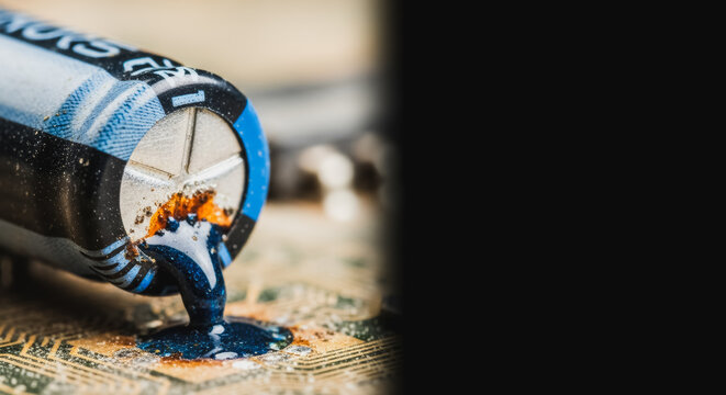 Macro shot of a leaking electrolytic capacitor on a computer circuit board showing signs of corrosion and hardware failure
