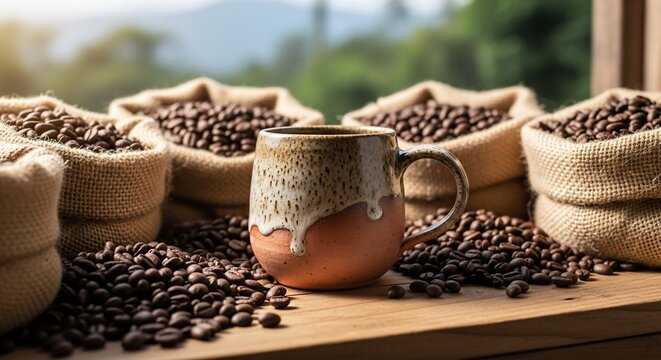 Coffee Beans and Rustic Mug: Aromatic Still Life with Burlap Sacks