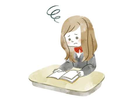 席で本を読んでいる困った表情の女子学生-水彩