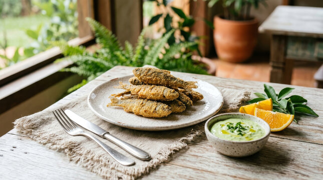 Lambari frito empanado na farinha de milho servido com molho t&aacute;rtaro e lim&atilde;o em mesa r&uacute;stica