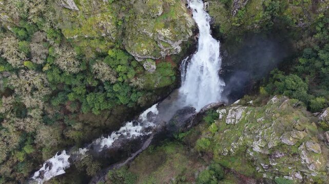 Powerful Toxa Waterfall In Quintas, Silleda, Spain - Drone Shot