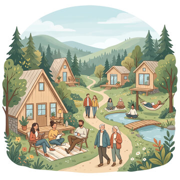 Illustration of people relaxing and socializing in a scenic village setting with wooden cabins, surrounded by trees and a serene pond under a blue sky with mountains in the background.
