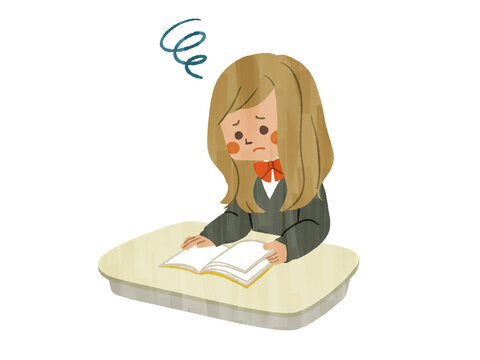 席で本を読んでいる困った表情の女子学生-ガッシュ