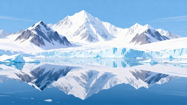 Snowy mountain landscape with reflection