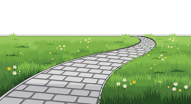 Curved stone pathway through lush green meadow with flowers