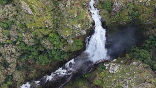 Waterfall Of The Toxa River In Quintas, Silleda, Spain - Drone Shot