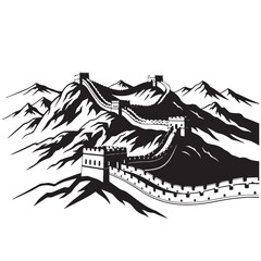 Fototapeta premium Great Wall of China winding through mountain ridges black and white vector illustration for travel and heritage