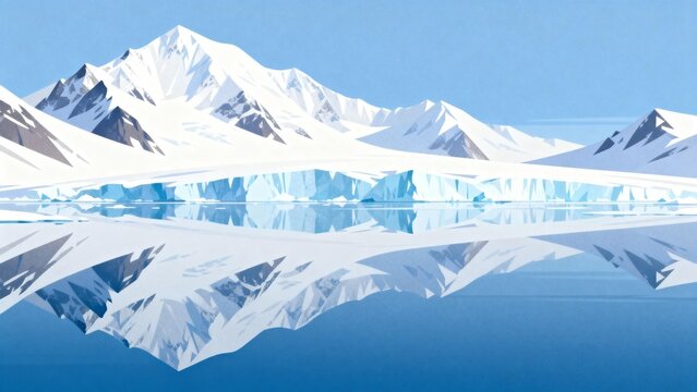 Snowy mountain and icy lake reflection