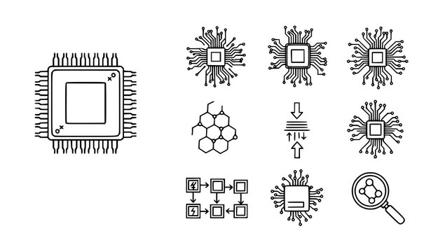 A set of computer processor and circuit board vector illustrations