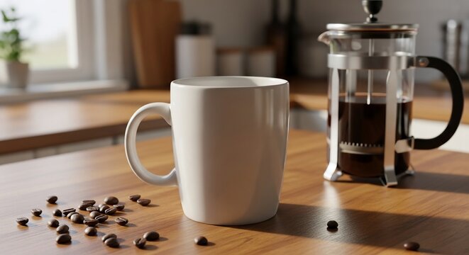 Coffee Still Life: White Mug, French Press, and Beans on Wooden Table