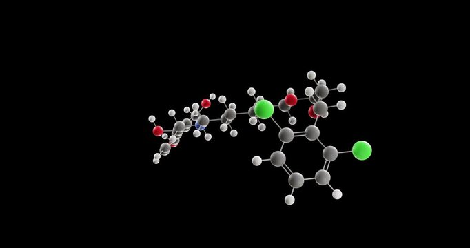 Vilanterol molecule, rotating 3D model of long-acting beta2-adrenergic agonist, looped video on a black background
