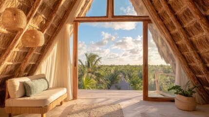 Fototapeta premium Retreat in nature with open view of palm trees and blue sky