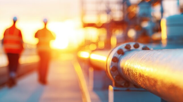 Workers walk along a pipeline at sunset near an industrial area