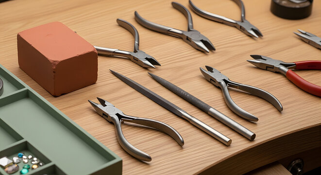 Professional Jewelry Making Tools and Pliers on a Wooden Workbench for Artisan Craftsmanship and Handmade Jewelry Design