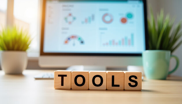 Wooden block letters spelling tools on a modern workspace desk with dashboard monitor, green mug and plants for background and banner use
