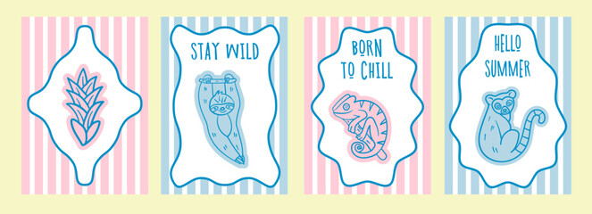 Set of four pastel exotic animal cards with line art sloth, chameleon, lemur, and tropical leaf motifs on striped backgrounds © Viktoriia