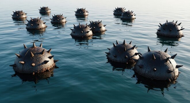Naval Mines Floating On the strait hormuz Under Natural Sunlight Threatening Danger At Sea