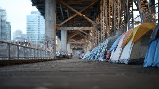 People live in tents under a bridge near a city area with tall buildings