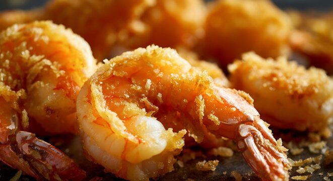 Crispy texture of fried shrimp, golden-brown panko breadcrumbs, rough surface, glistening oil, sharp focus macro