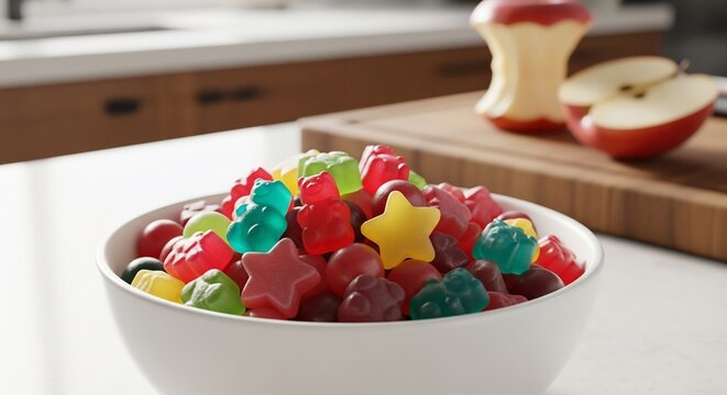 Colorful Gummy Candy Bowl with Apple Core on Wooden Board in Kitchen