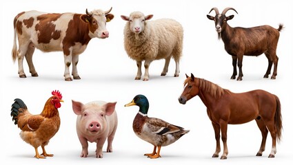 Fototapeta premium Collection of farm animals isolated on white background including cow sheep goat pig horse duck and chicken