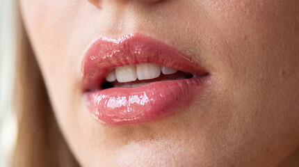 Fototapeta premium Glossy lips closeup natural skin texture pink lip gloss smooth complexion feminine beauty sensual expression healthy lips soft makeup glamour style youthful appearance