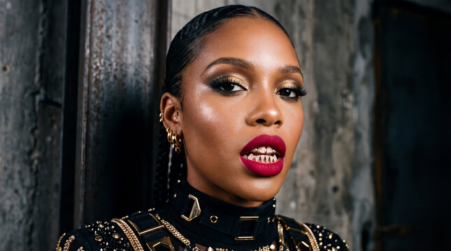 Glam makeup focus on confident woman with bold red lipstick, gold grillz, dramatic eye shadow, and studded black outfit, urban background, fierce expression