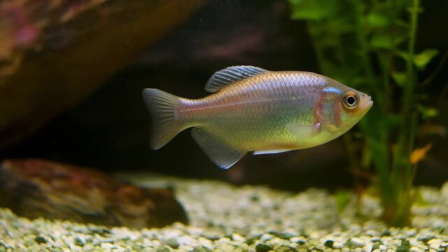 Close-up of a small colorful fish swimming in an aquarium with gravel and plants.