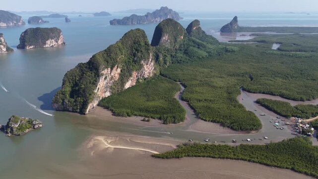 Scenic aerial view flying over phang nga bay in thailand