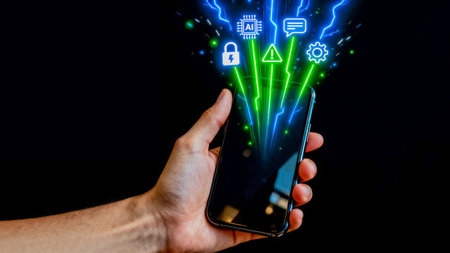 Hand holding smartphone emitting digital streams of data and security icons with artificial intelligence technology smartphone security connection information communication futuristic transfer