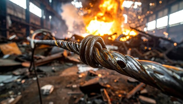 Intensely twisted steel cable deformed by extreme industrial force with fire ablaze in background