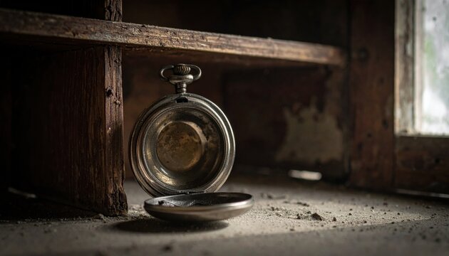 A tarnished antique silver locket lies open and empty on a dusty surface, evoking a sense of forgotten memories.