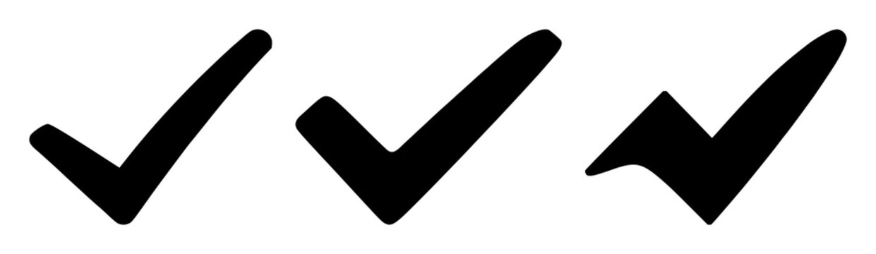 Success checkmark icon set with solid black design on white background featuring checkmark, success, icon with black and white and minimal