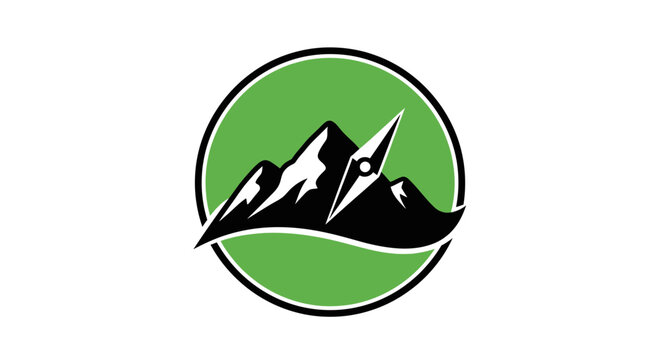Mountainous emblem with compass symbol within a green circular design element