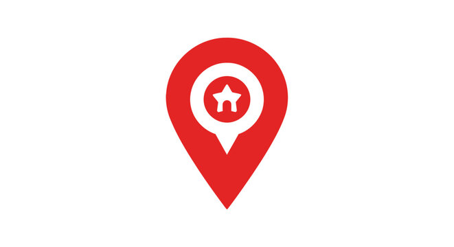 Red location marker graphic with house and star icon for real estate and navigation