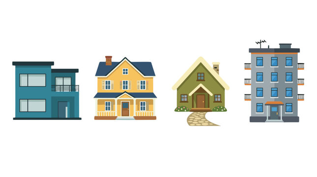 vector A row of different houses, ranging from a modern duplex to a classic suburban home and apartment building.