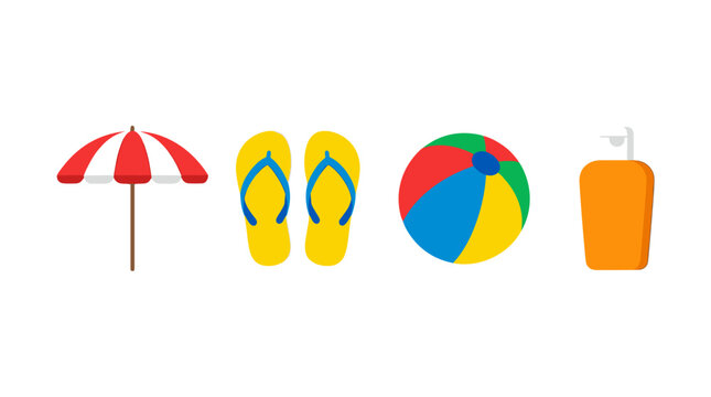 vector A collection of four beach items: a striped umbrella, yellow flip-flops, a colorful beach ball, and an orange drink.