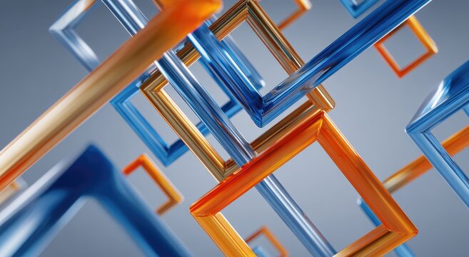 Interlocking, glossy orange and blue frames overlap on a gray background with soft focus
