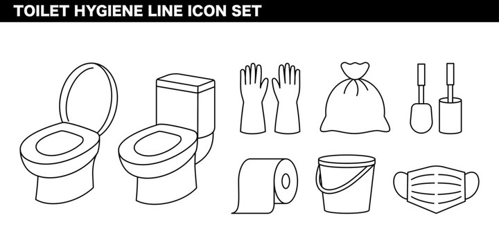 トイレ・衛生・バスルーム用品カテゴリを表現した線画イラストセット 清掃・清潔・日用品の生活コンセプト