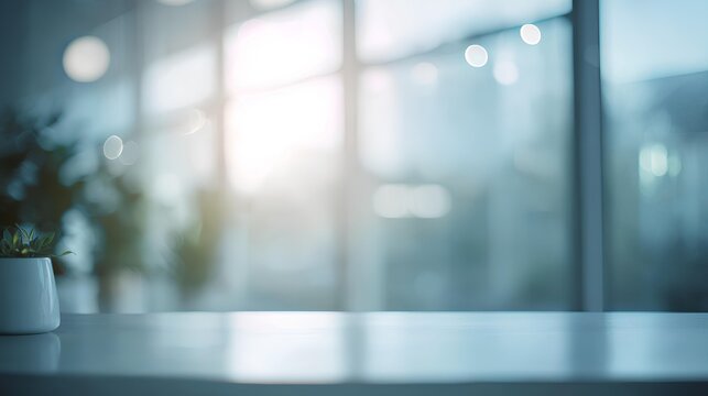Minimalist Office Space: A serene, blurred interior of an office or workspace, capturing natural light streaming through expansive windows, hinting at a calming atmosphere.