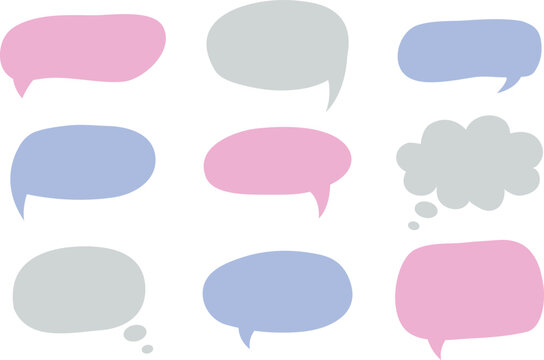 Colorful crayon drawn funky speech bubble silhouettes on transparent background. Hand drawn vector talk balloons in comic sketch style. Grunge pencil texture. Doodle dialog balloon elements collection