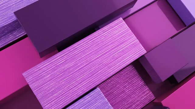 Abstract 3D rendering of layered rectangular geometric blocks in shades of purple, pink, and violet featuring smooth matte surfaces and one metallic textured pink rectangular panel.