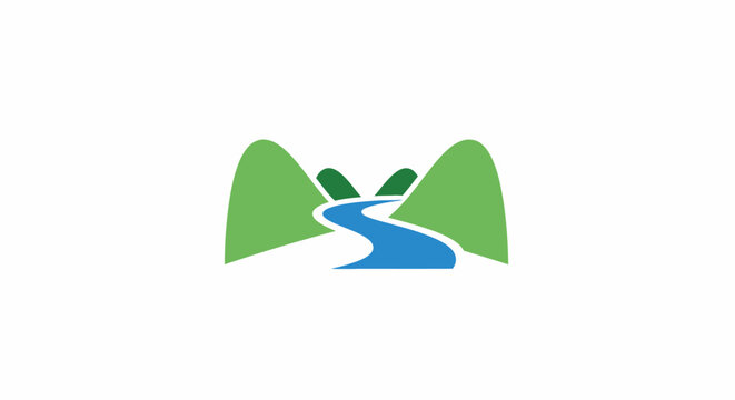 Abstract illustration of mountainscape with river and minimalist style design on white background