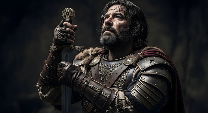 A valiant knight stands in a moment of stoic contemplation, holding his sword with a noble gaze, reflecting on duty and valor. 