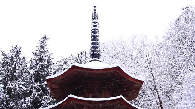 新雪の国宝八角三重塔