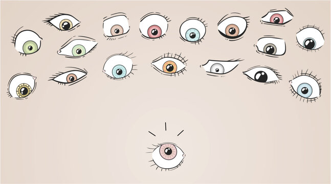 vector illustration of many eyes staring intensely at a single distant eye, conveying curiosity, judgment, and social pressure draw