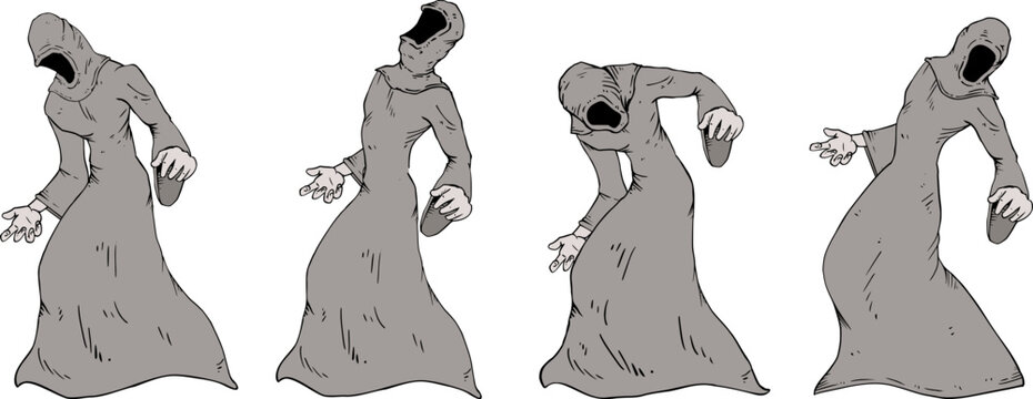 vector illustration of a hooded monk-like character recoiling from impact, body contorted in dynamic motion, conveying tension, action, and dramatic expression draw