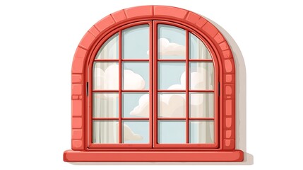 Obraz premium Cartoonish red brick arched window with grid, clouds, and curtains inside