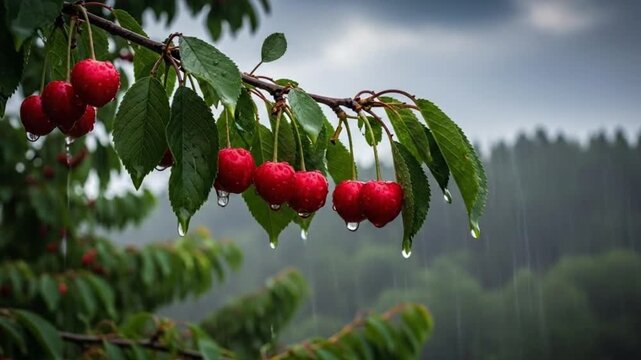 red cherries on rainy tree branch