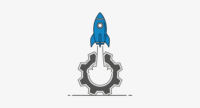 Rocket launch from a gear, representing innovation and technological advancement no comma at the end